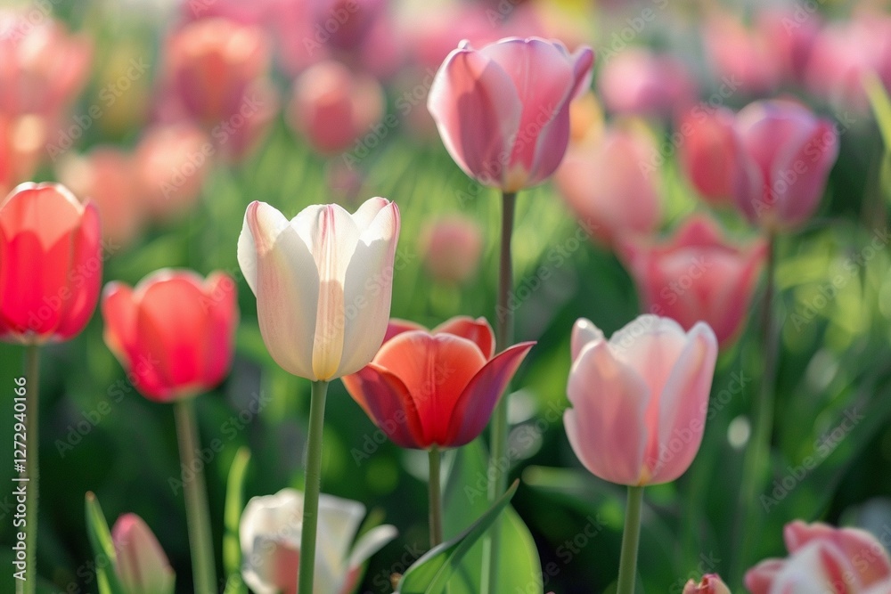 8 March greeting card design with flowers tulips in the field. 8 March greeting card design with flowers tulips in the field.