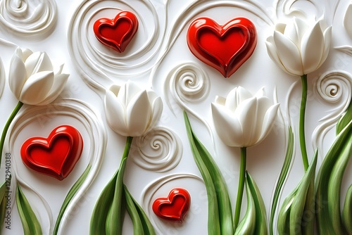 Whimsical Women's Day design with whimsical heart swirls and whimsical white tulips on a fanciful white canvas.