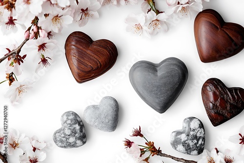 Zen Women's Day banner with zen stone hearts and tranquil cherry blossoms on a meditative white canvas.