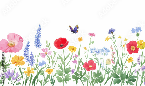 Summer Wildflower Meadow with Poppies, Chamomile, and Butterfly Vector Art
