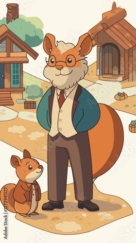 Charming Anthropomorphic Squirrel Family in Rustic Village Setting for Children's Story