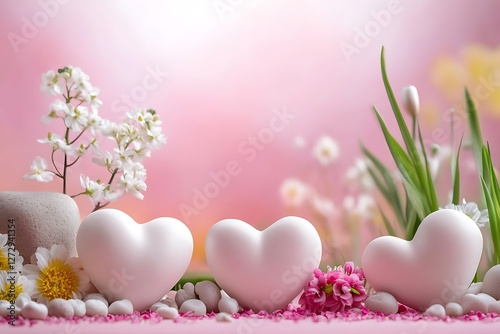 Zen Women's Day design with serene hearts and zen garden flowers on a peaceful pink canvas.