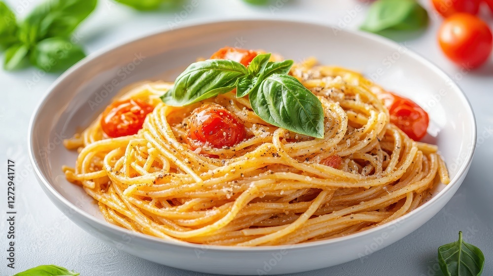 A plate of spaghetti topped with fresh basil and cherry tomatoes, showcasing a vibrant and appetizing Italian dish. A plate of spaghetti topped with fresh basil and cherry tomatoes, showcasing a vibrant and appetizing Italian dish.