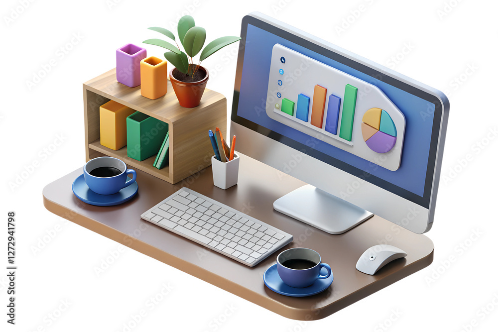 Modern Workplace Desk Setup with Computer, Charts, and Plant Modern Workplace Desk Setup with Computer, Charts, and Plant
