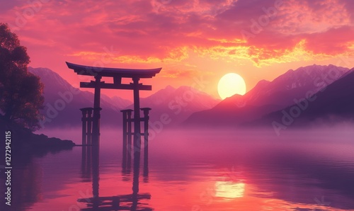 Stunning sunset over tranquil lake with torii gate and mountain backdrop