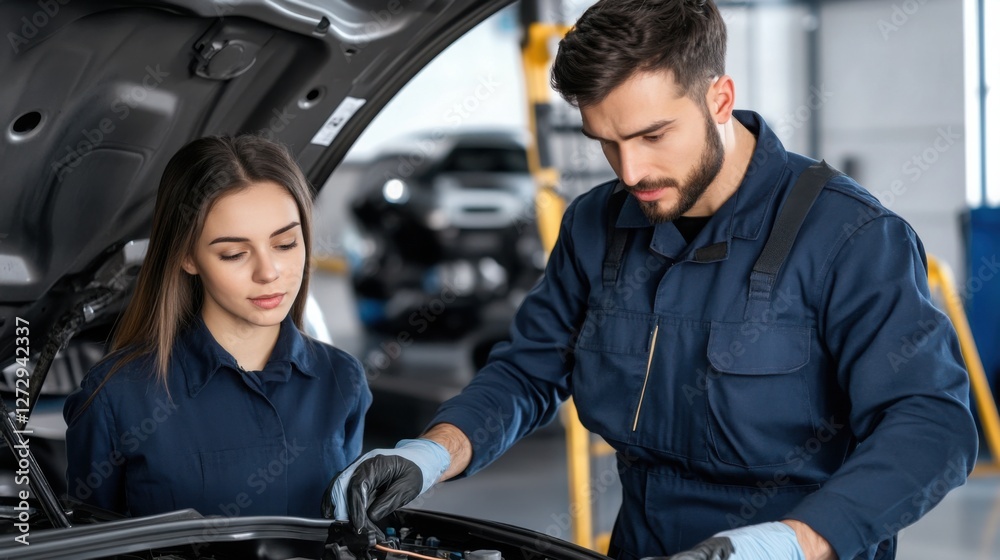 A professional auto mechanic in a dark blue uniform and gloves inspecting a young woman’s car in a well-lit service garage A professional auto mechanic in a dark blue uniform and gloves inspecting a young woman’s car in a well-lit service garage
