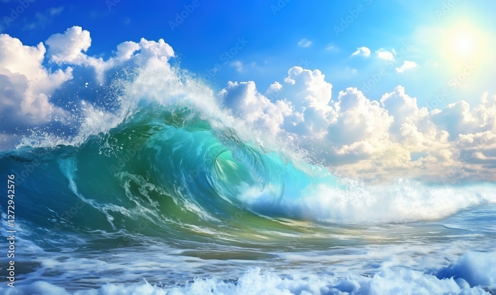Majestic ocean wave crashing under bright blue sky with fluffy clouds Majestic ocean wave crashing under bright blue sky with fluffy clouds