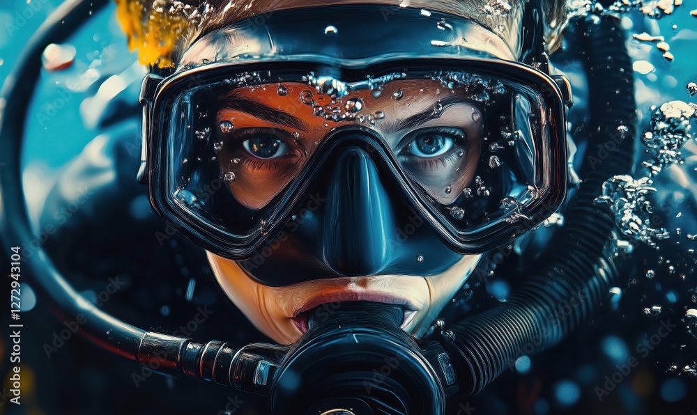 Underwater portrait of a diver with mask and breathing apparatus in clear blue water Underwater portrait of a diver with mask and breathing apparatus in clear blue water