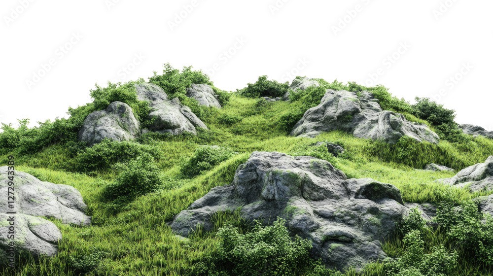 Scenic mountain trail through lush greenery and rocky terrain png isolated on white transparent background