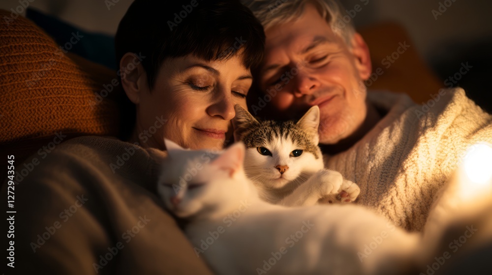 Obraz premium Warm Evening at Home with Couple and Cats, Enjoying Relaxation and Togetherness on a Cozy Sofa in Soft Lighting, Embracing Love and Comfort in a Serene Environment