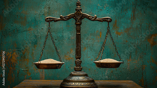 Balanced scales of justice on wooden table against textured wall; concept of law, fairness, and equality