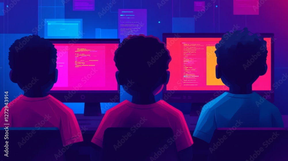 Fototapeta premium Three Diverse Young Programmers Working on Colorful Coding Projects in a Modern Tech Environment with Vibrant Screens and Ambient Lighting