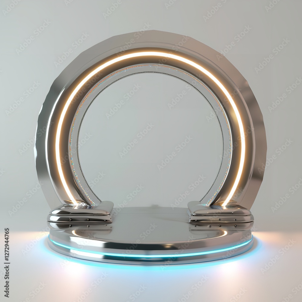 Illuminated Circular Display with Neon Ring: A 3D Rendered Image of a Circular Display Platform with a Chrome or Metal Base and a White Surface, Featuring a Luminous White Neon Ring Enclosing the Top Illuminated Circular Display with Neon Ring: A 3D Rendered Image of a Circular Display Platform with a Chrome or Metal Base and a White Surface, Featuring a Luminous White Neon Ring Enclosing the Top