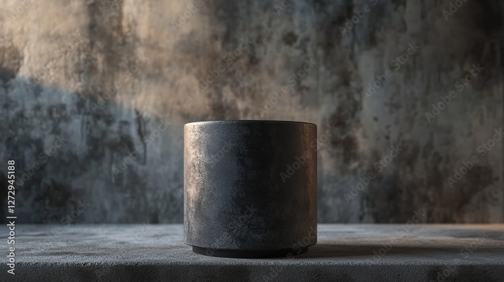 Industrial matte charcoal cylindrical planter, set against a raw concrete wall, moody lighting with deep shadows, blurred background emphasizing texture, photorealistic
