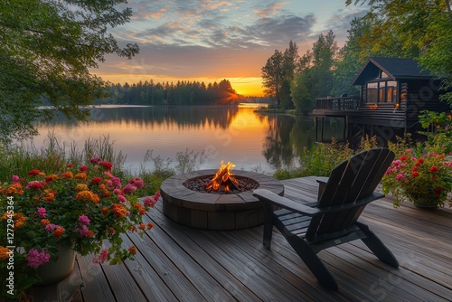 Serene Wooden Deck at Sunrise With Fire Pit Overlooking a Tranquil Lake. Generative AI