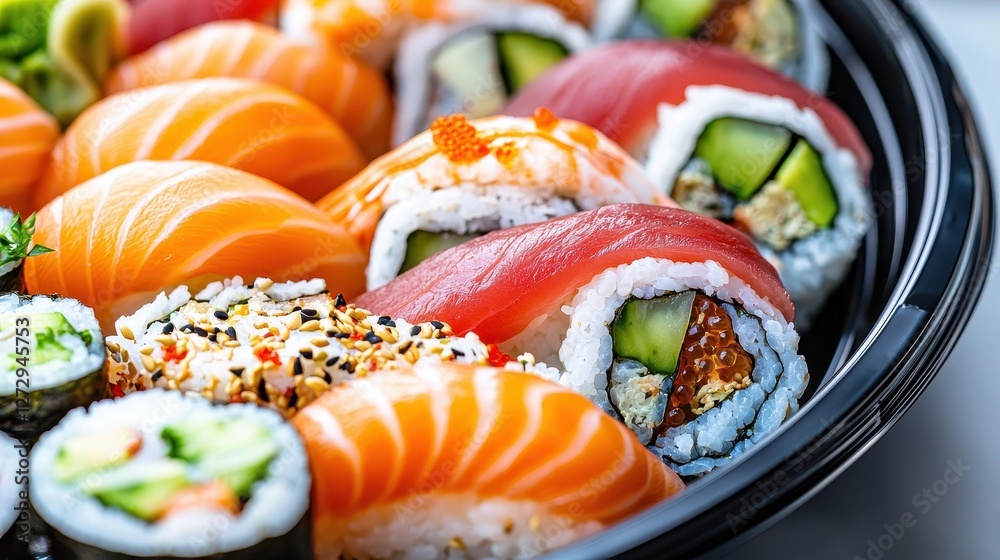 A vibrant assortment of sushi rolls, featuring various ingredients like salmon, tuna, and cucumber, beautifully arranged on a black platter. A vibrant assortment of sushi rolls, featuring various ingredients like salmon, tuna, and cucumber, beautifully arranged on a black platter.