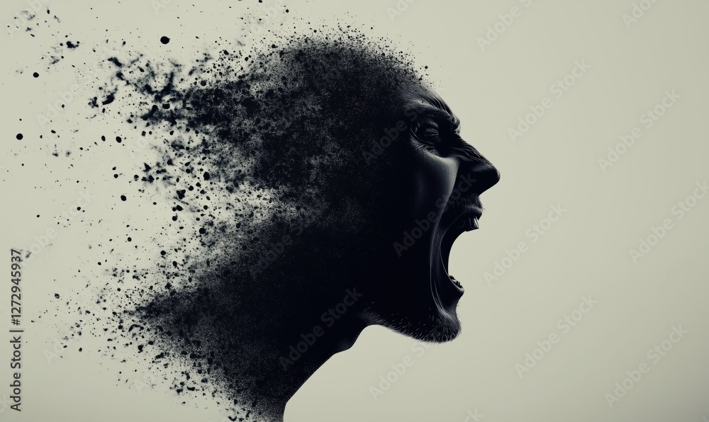 Emotional expression through abstract art depicting a screaming face dissolving into particles Emotional expression through abstract art depicting a screaming face dissolving into particles