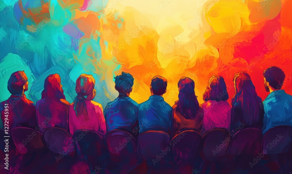 Group of people sitting together in vibrant abstract background of colors Group of people sitting together in vibrant abstract background of colors
