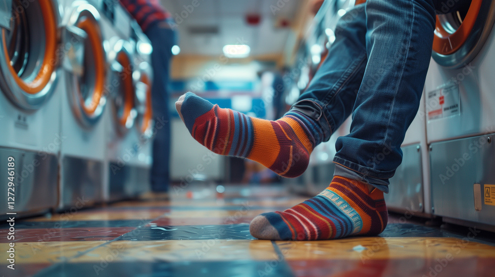 Fototapeta premium A man in a laundromat turning socks into hand puppets, entertaining himself while waiting. A playful and quirky moment, bringing joy and creativity to an everyday situation.