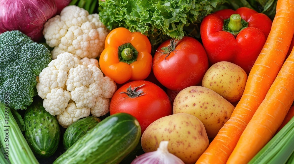 A vibrant assortment of fresh vegetables, including peppers, tomatoes, broccoli, and carrots, arranged neatly in a colorful spread. A vibrant assortment of fresh vegetables, including peppers, tomatoes, broccoli, and carrots, arranged neatly in a colorful spread.