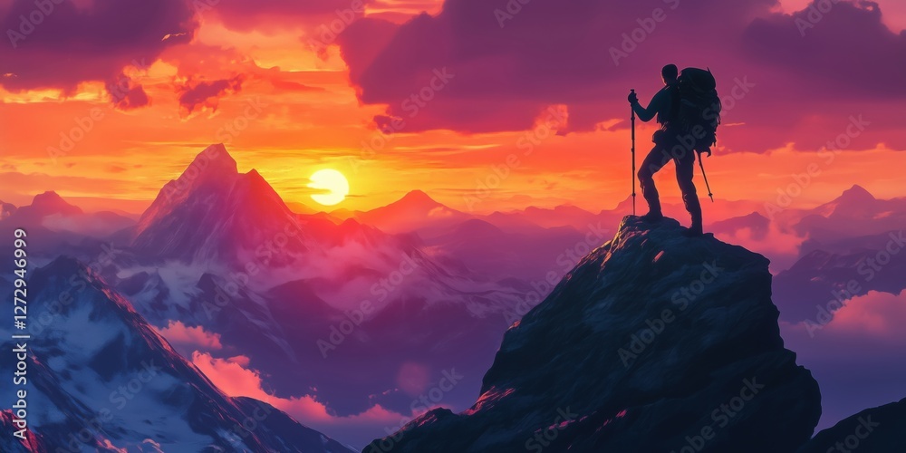 Hiker on Mountain Peak at Sunset with Vibrant Sky and Majestic Landscape Hiker on Mountain Peak at Sunset with Vibrant Sky and Majestic Landscape