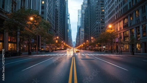 Empty city street at dawn, skyscrapers, traffic, urban photo