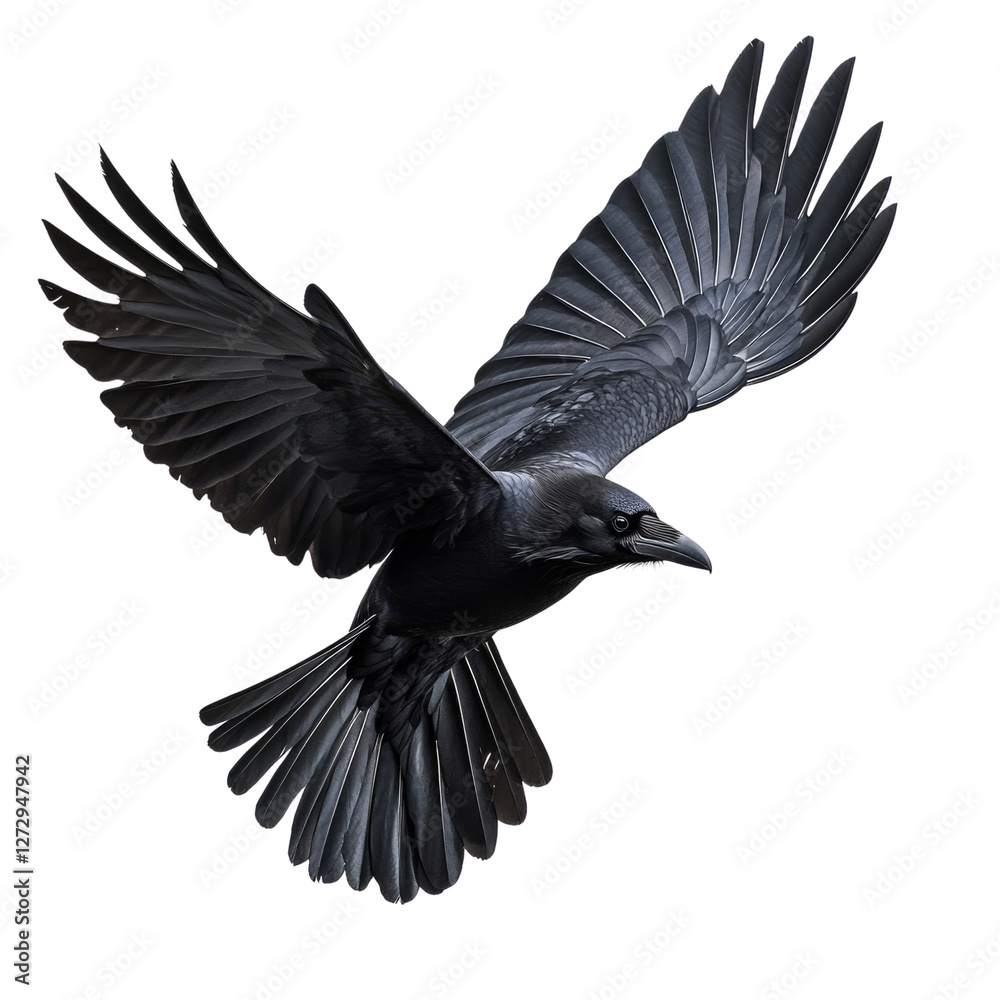 Obraz premium Majestic black raven in flight isolated on white transparent background