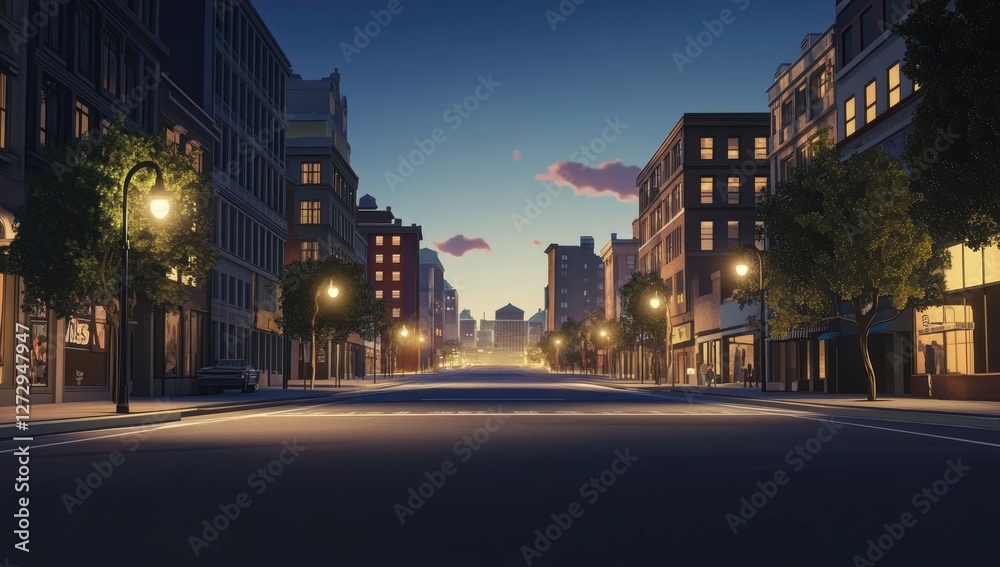 Empty city street at dawn, urban scene, buildings, early morning Empty city street at dawn, urban scene, buildings, early morning