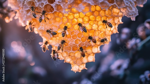 Honeycomb hive with bees at sunrise photo