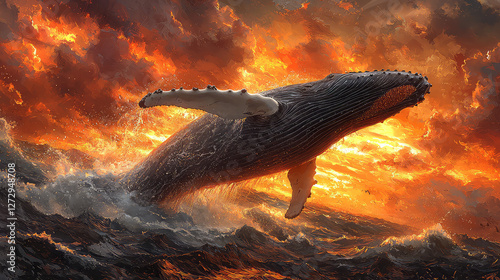 Whale breaching ocean sunset fiery sky; nature fantasy art