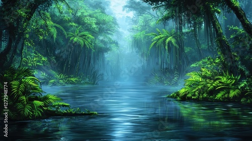 Lush Green Jungle Landscape with Tranquil River and Misty Atmosphere