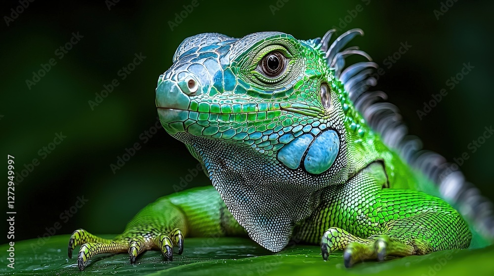 Obraz premium A striking green iguana resting gracefully on a leaf amidst verdant tropical vegetation