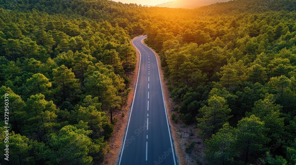 Fototapeta premium Winding Forest Road at Sunset. Aerial View