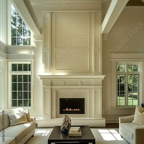 a fireplace in a family room with cathedral ceiling that has horizontal shiplap in a warm wood with a linear horizontal fireplace, square flat moldings and a linear firebox that has a molding frame 