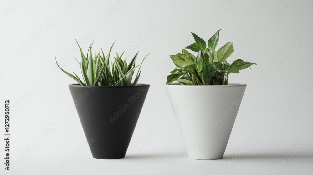 Minimalist black cone matt white planter with plants in it, on a white background, no shadow - greens inside