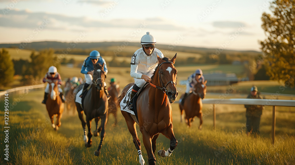 Jockeys racing on horses through countryside track during Kentucky Derby, with sunset backdrop. AI Generated Images Jockeys racing on horses through countryside track during Kentucky Derby, with sunset backdrop. AI Generated Images