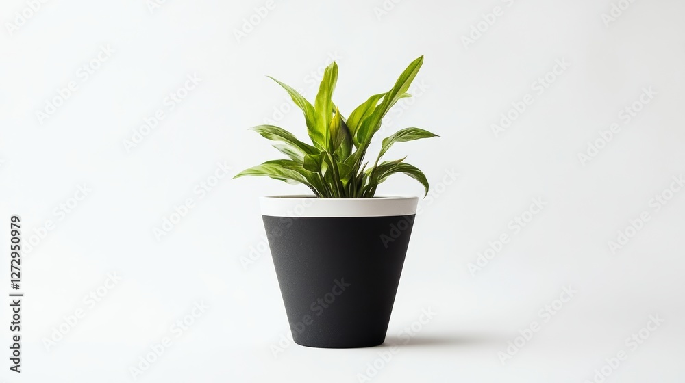 Minimalist black cone matt white planter with plants in it, on a white background, no shadow - greens inside Minimalist black cone matt white planter with plants in it, on a white background, no shadow - greens inside
