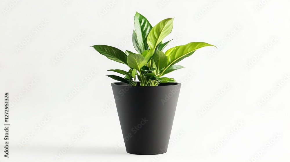 Minimalist black cone matt white planter with plants in it, on a white background, no shadow - greens inside Minimalist black cone matt white planter with plants in it, on a white background, no shadow - greens inside