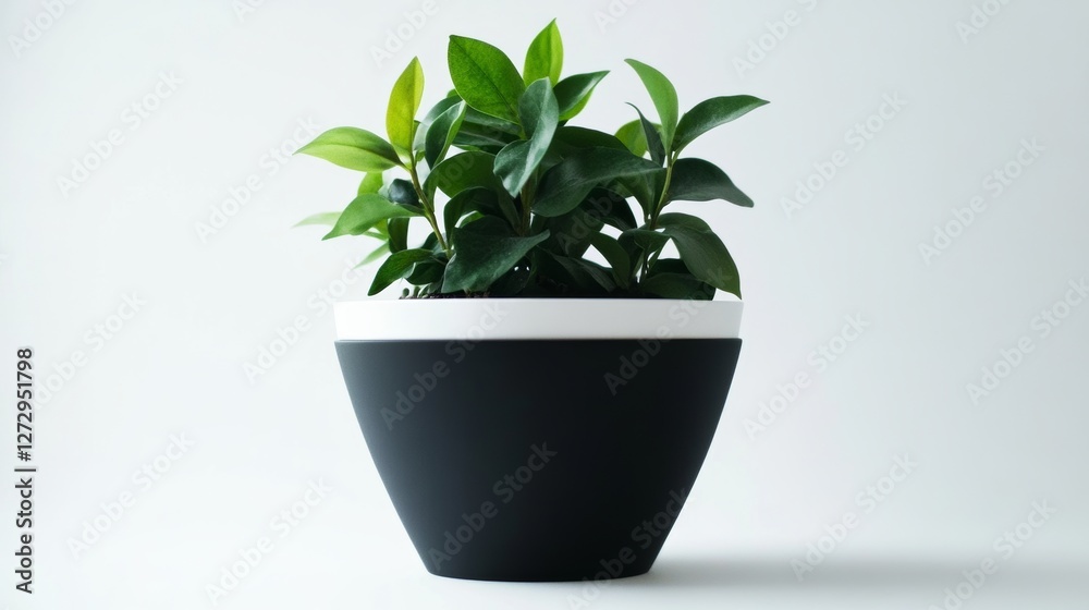 Obraz premium Minimalist black cone matt white planter with plants in it, on a white background, no shadow - greens inside