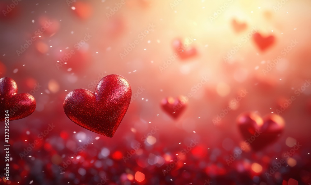 Glittering red hearts floating in a dreamy background for romantic occasions Glittering red hearts floating in a dreamy background for romantic occasions