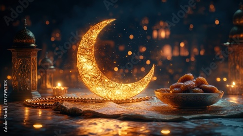 Illuminated crescent moon, dates, lanterns, Ramadan celebration photo