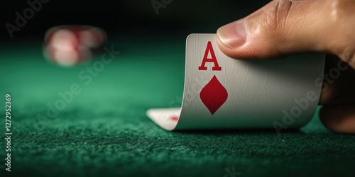 Ace of diamonds being revealed in a poker game with chips in background