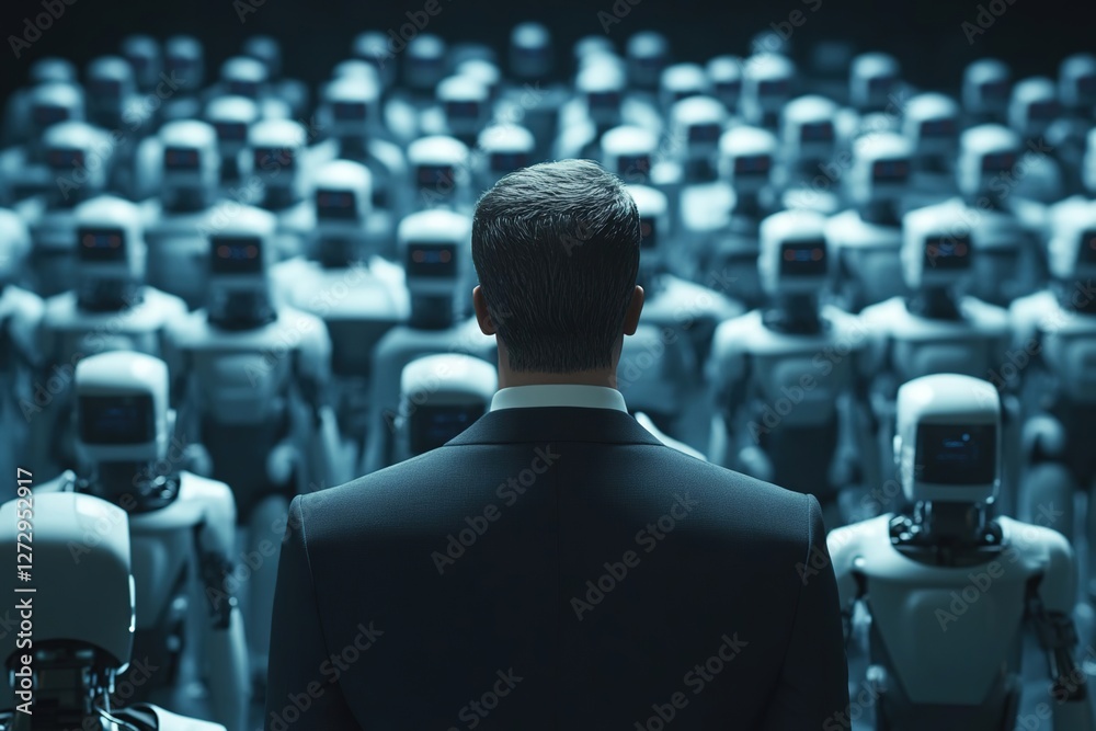 A businessman in front of a crowd of robots, integrating human leadership and artificial intelligence technologies