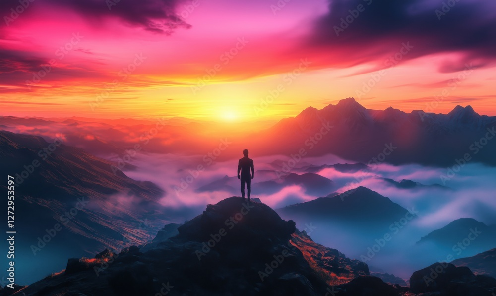 Stunning sunset view from mountain peak with silhouette of a person against vibrant sky Stunning sunset view from mountain peak with silhouette of a person against vibrant sky