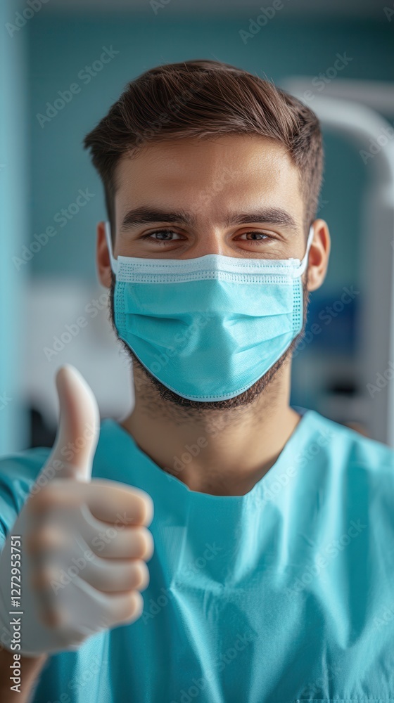 Dentist Gives Thumbs-Up in Cheerful Pose While Wearing a Medical Mask in a Simple Clinic Setting. Generative AI Dentist Gives Thumbs-Up in Cheerful Pose While Wearing a Medical Mask in a Simple Clinic Setting. Generative AI