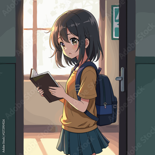 Girl holding a book looking thoughtful in a doorway