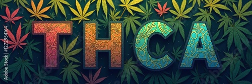 Vibrant illustration of THCA surrounded by colorful cannabis leaves, perfect for cannabis industry marketing, education, or wellness content.