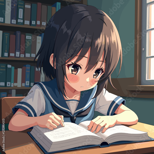 Girl studying intently in the library