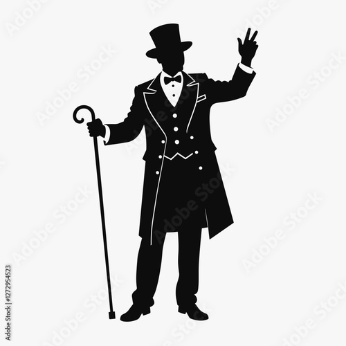 Silhouette of a gentleman waving with cane against a plain background