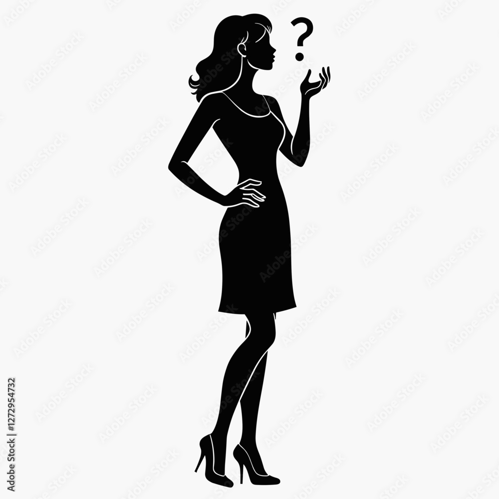 Silhouette of a woman pondering with a question mark Silhouette of a woman pondering with a question mark